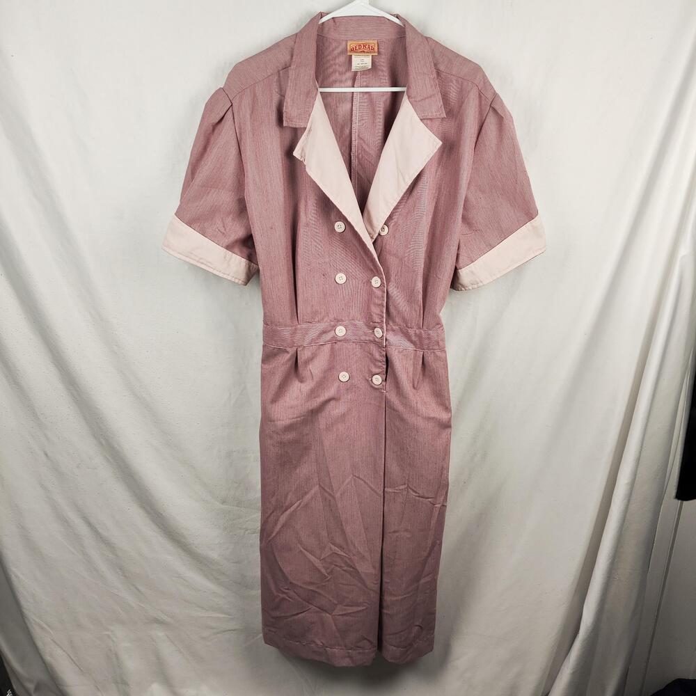 Red Kap Shirt Dress Womens 2XL Pink Stripe Button Front Belted Pockets Workwear